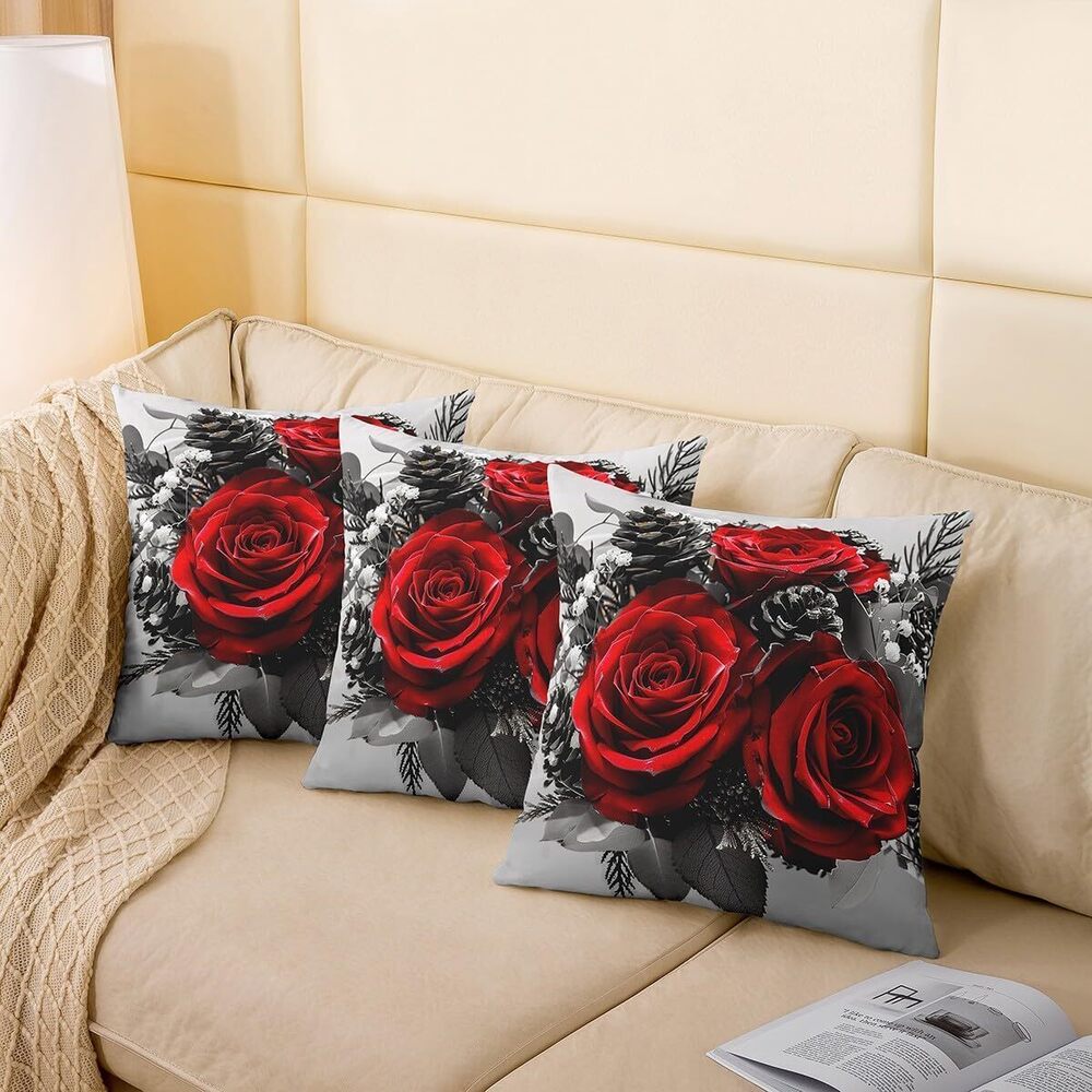 1280 Set of 2 Rose Floral Pillow Covers 18x18 Inch, Romantic Red Flowers - Picture 4 of 7